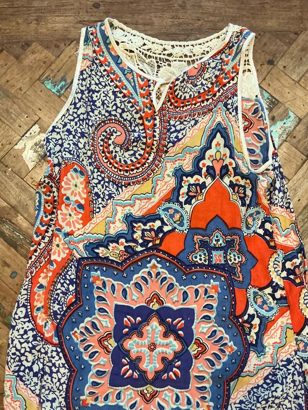 Paisley Crochet-Trim Tank Top in Orange & Blue